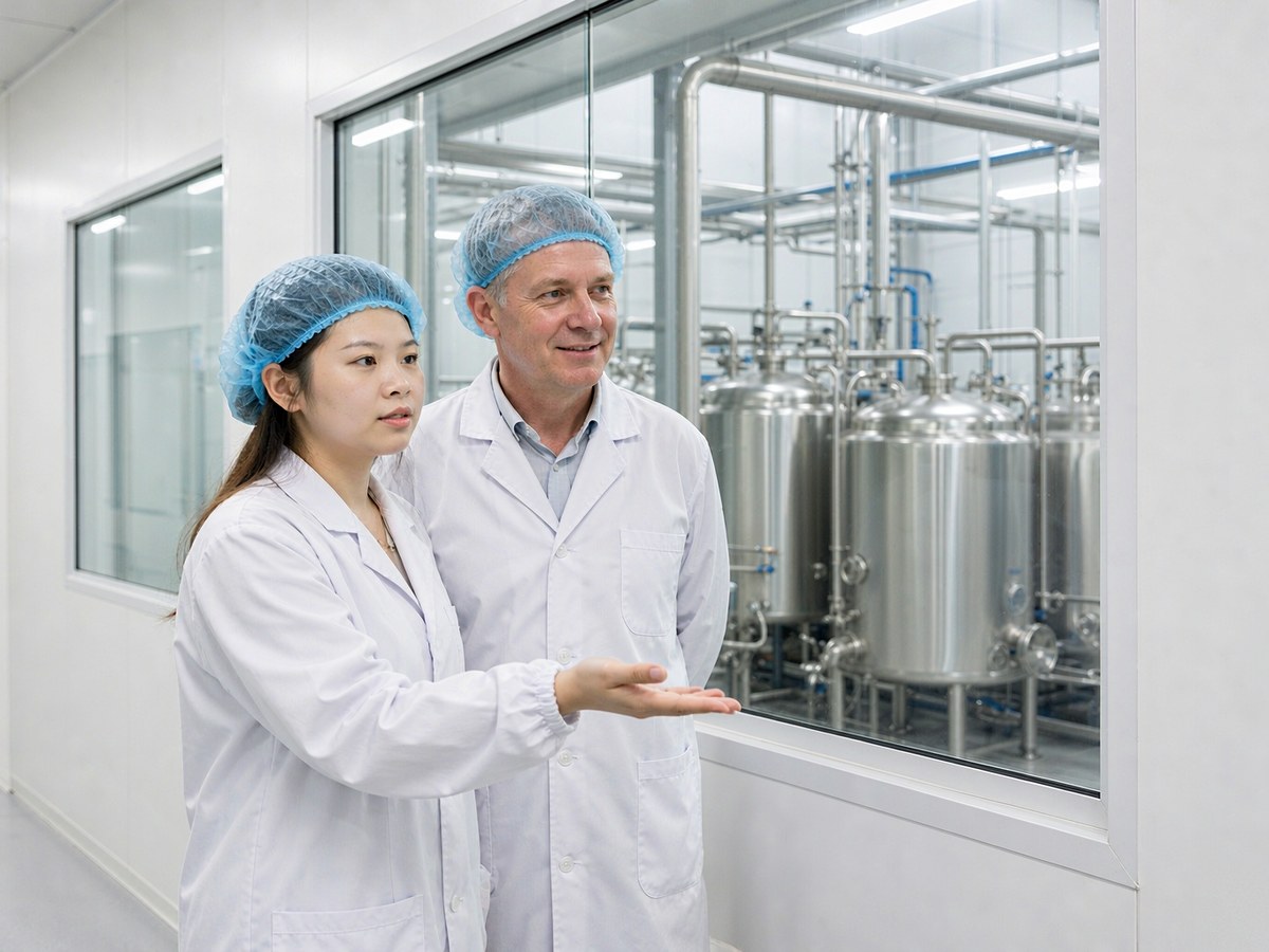 A Focusnutri host welcoming an international buyer in the cleanroom corridor during a plant audit