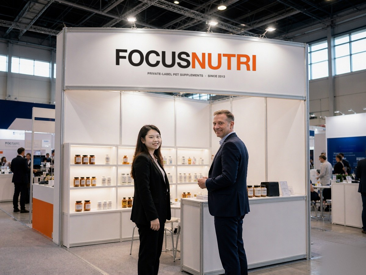 The Focusnutri stand at an international pet industry trade fair, a buyer reviewing samples at the counter